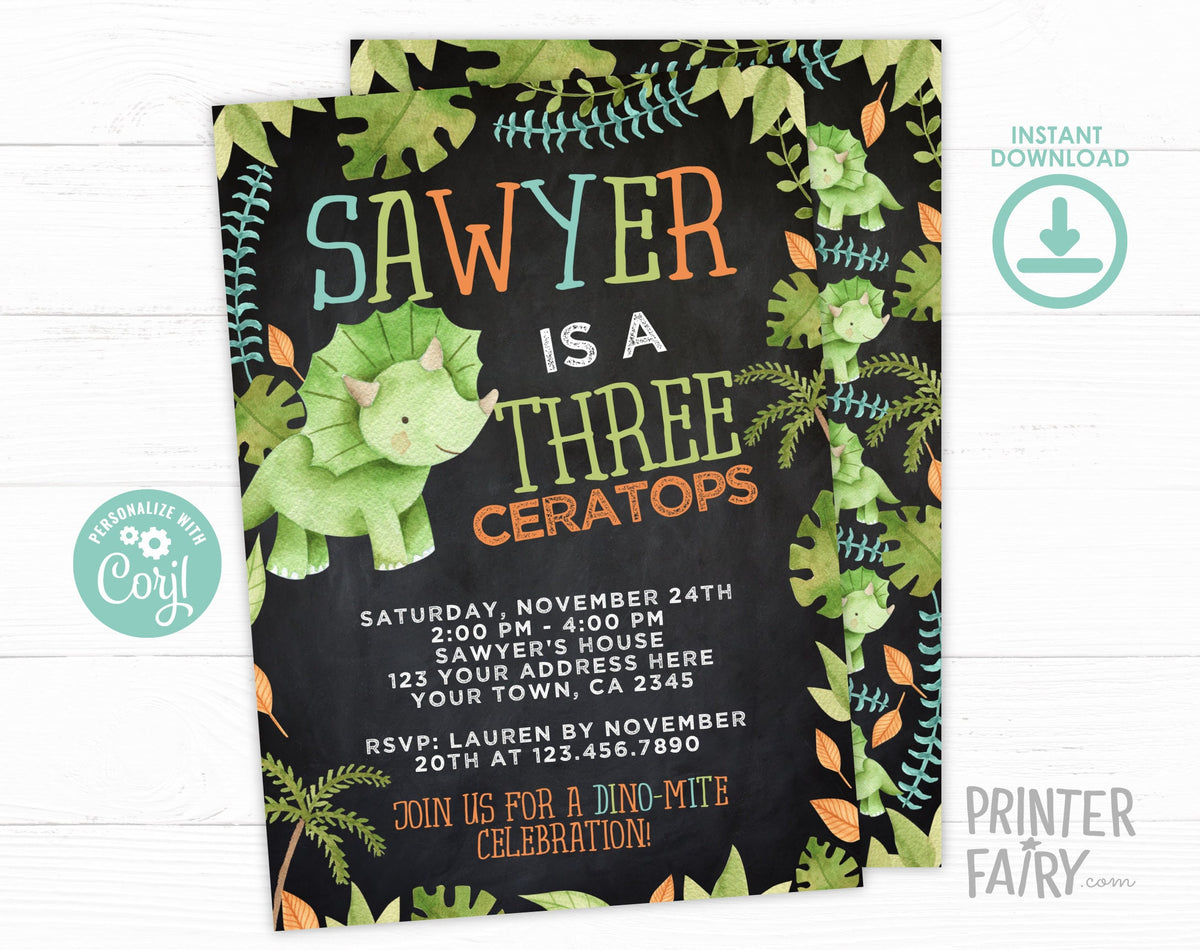 ThreeCeratops Birthday Invitation, Dinosaur Party (EDITABLE Digital Invite)