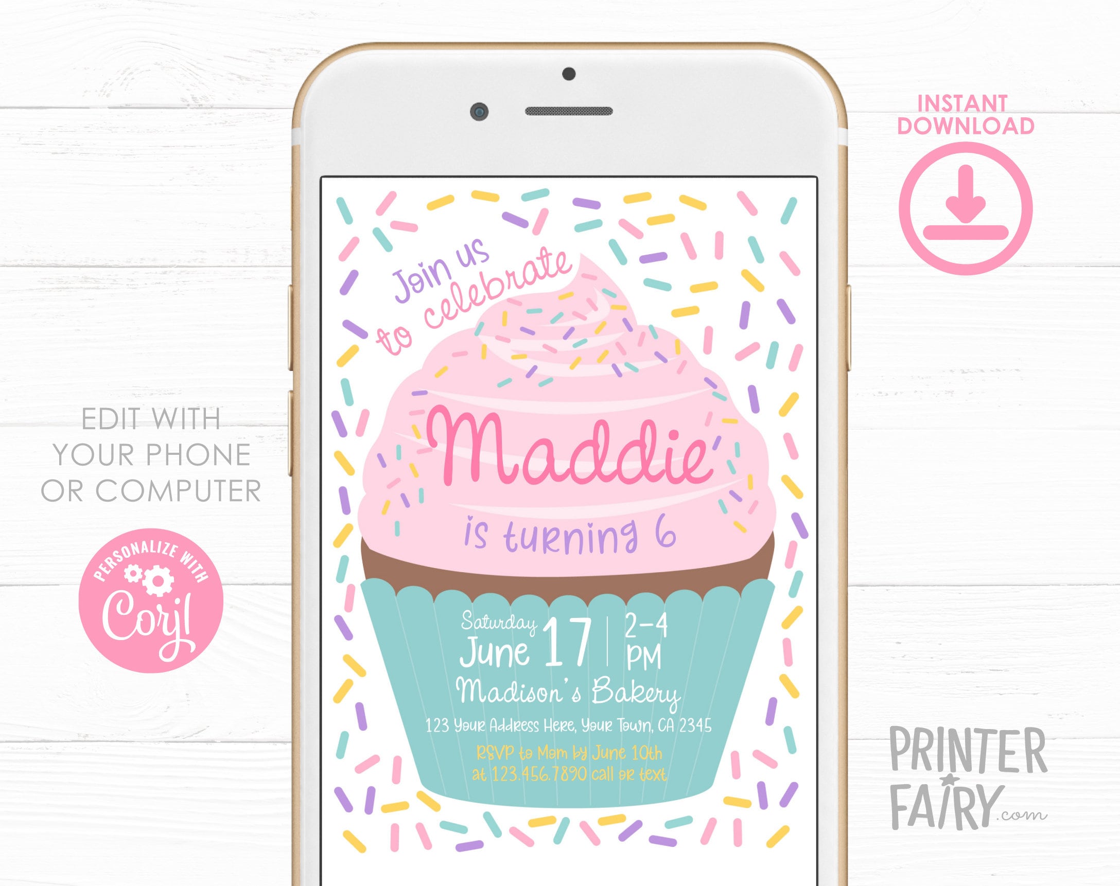 Editable Cupcake Birthday Invitation Template, Sprinkle Design (Instant Download)