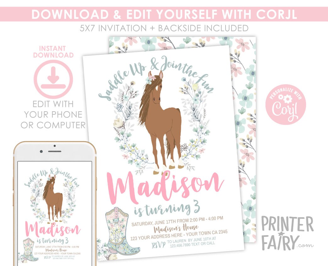 Floral Horse Birthday Invitation, Cowgirl Pony Party (INSTANT DOWNLOAD)