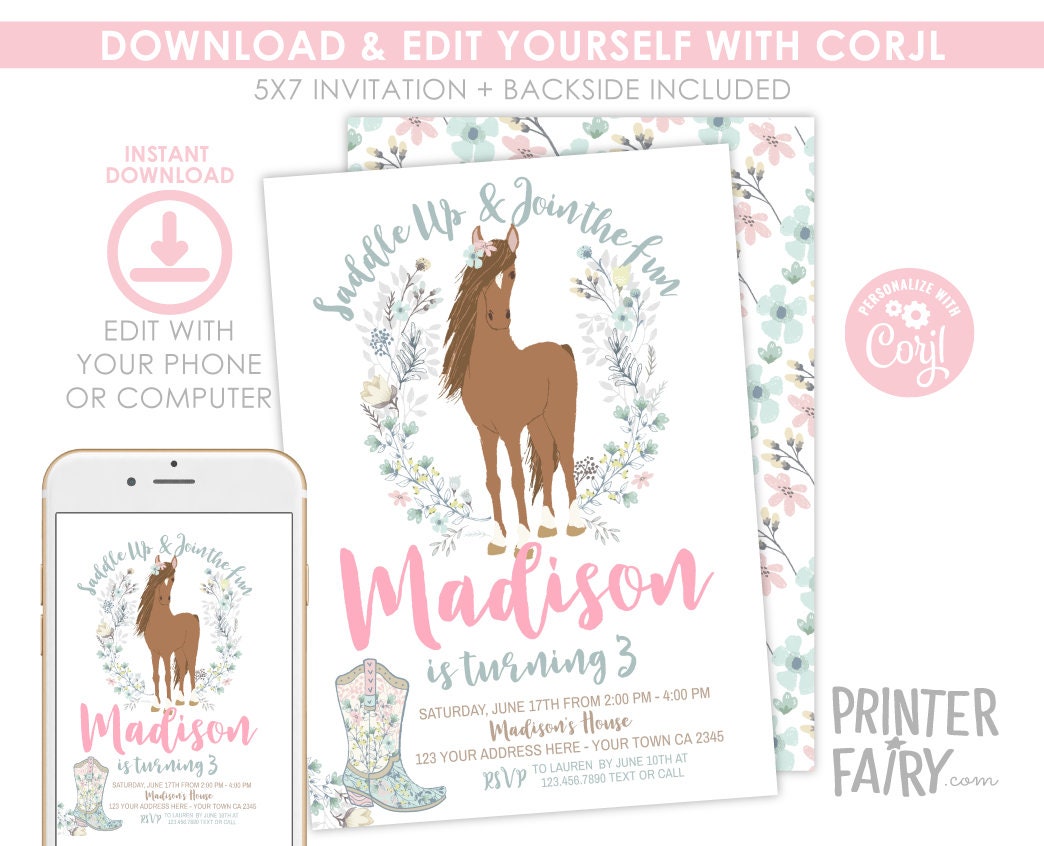 Floral Horse Birthday Invitation, Cowgirl Pony Party (INSTANT DOWNLOAD)