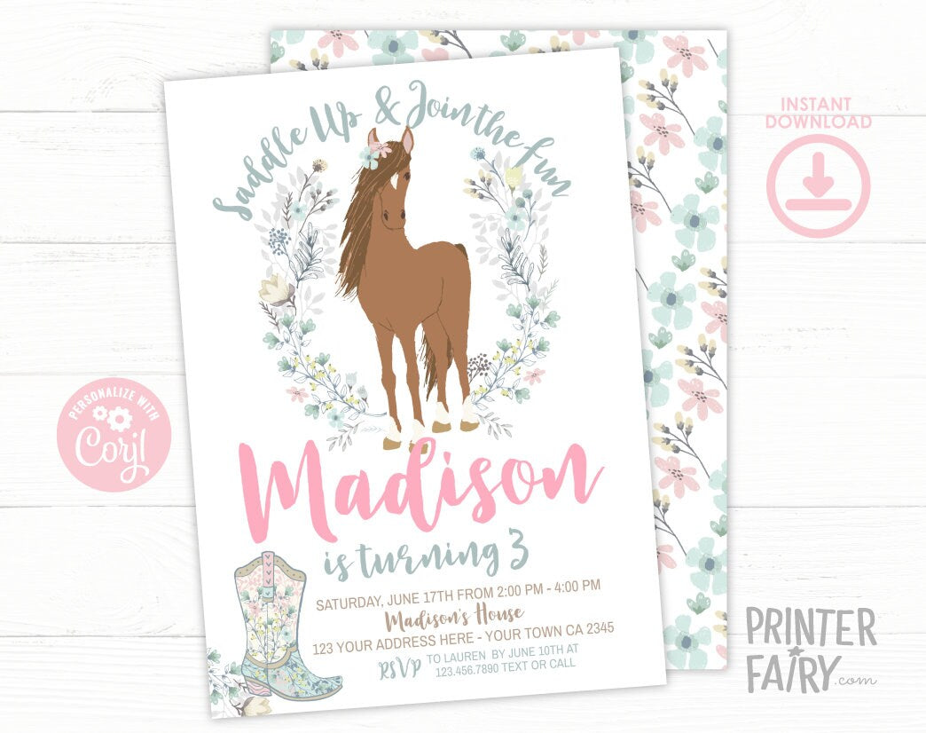 Floral Horse Birthday Invitation, Cowgirl Pony Party (INSTANT DOWNLOAD)