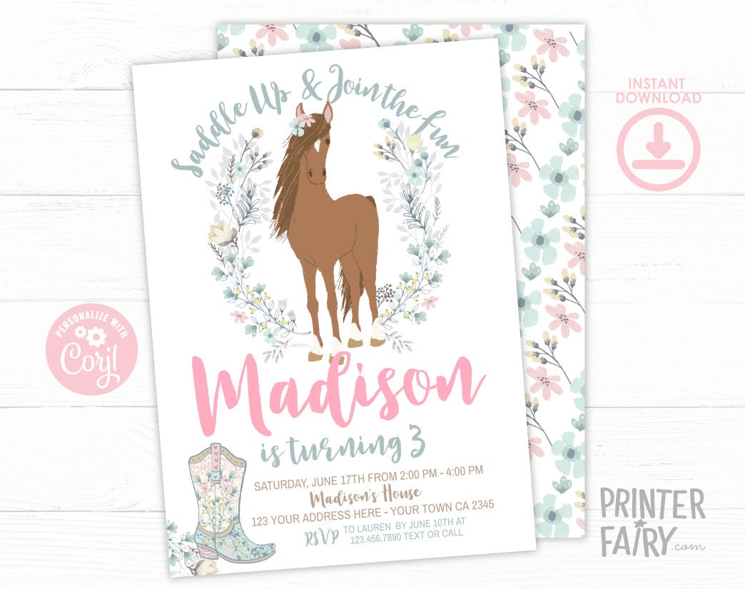 Floral Horse Birthday Invitation, Cowgirl Pony Party (INSTANT DOWNLOAD)