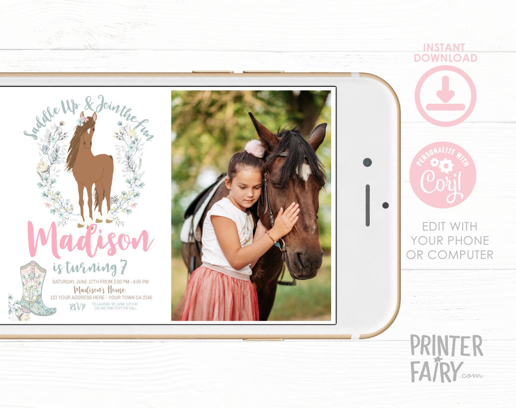 Floral Horse Birthday Invitation with Photo (Instant Download)