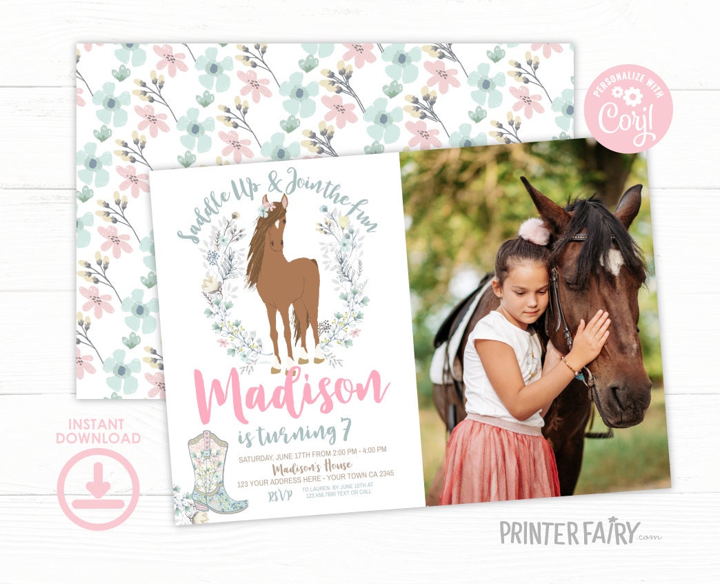 Floral Horse Birthday Invitation with Photo (Instant Download)