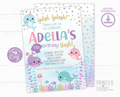 Narwhal Birthday Invitation, Under The Sea, EDIT YOURSELF (Digital Invitation)