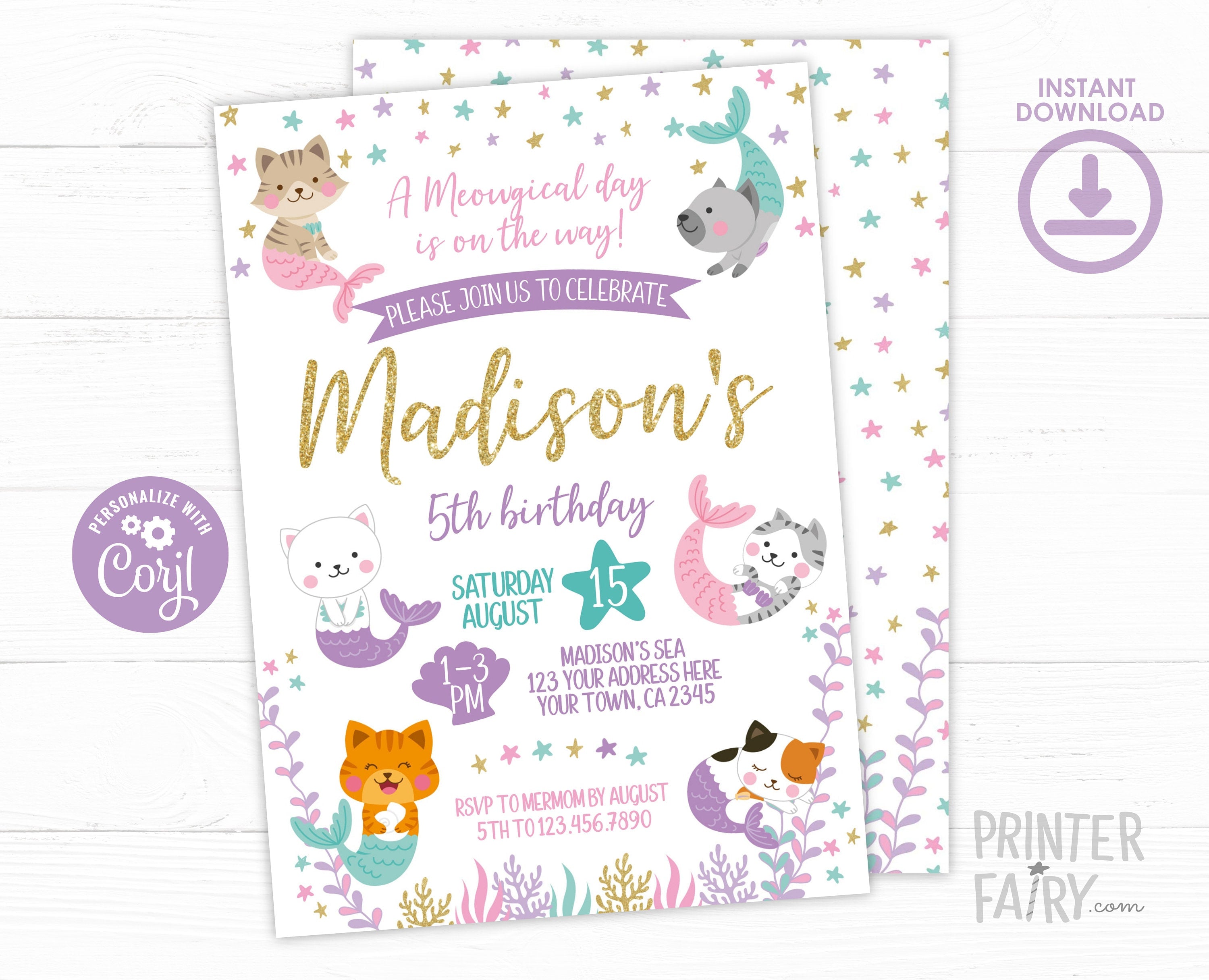 Editable Mercat Birthday Invitation, Meowmaid Kitty Party (Digital Download)