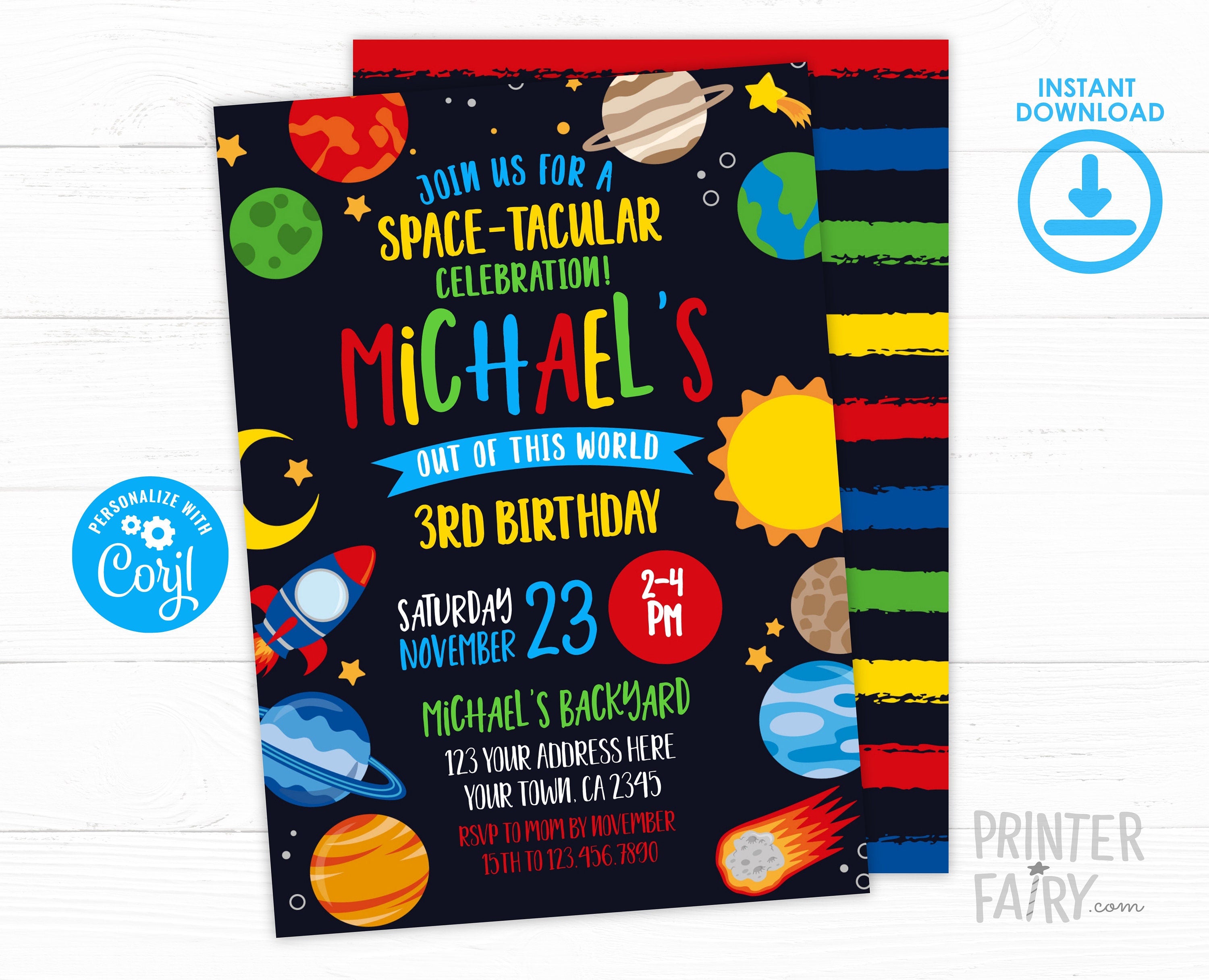 Space Birthday Invitation, Planets, Out of This World, Editable (Digital Download)
