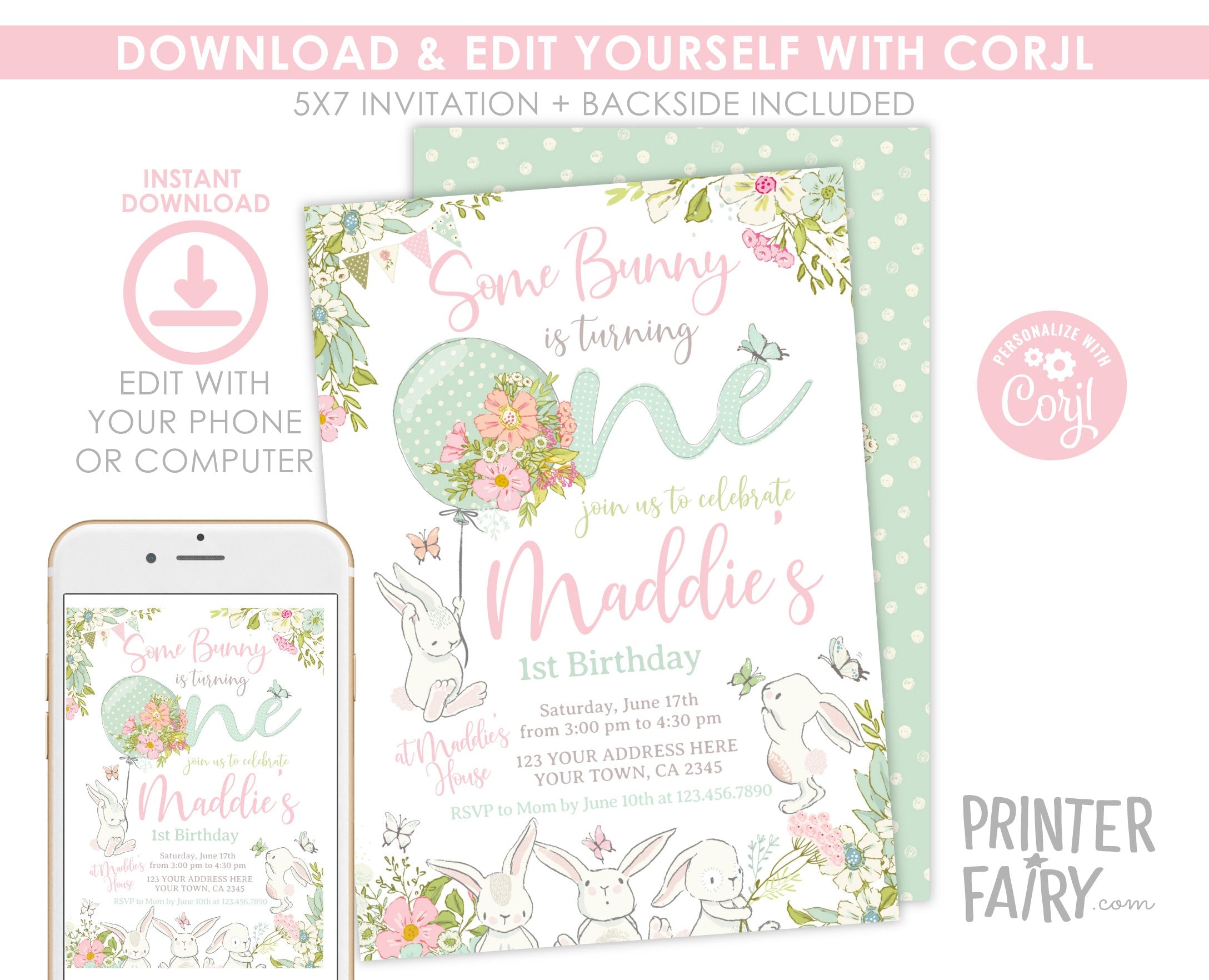 Some Bunny 1st Birthday Invitation, Editable Spring Bunny Party (Digital Download)