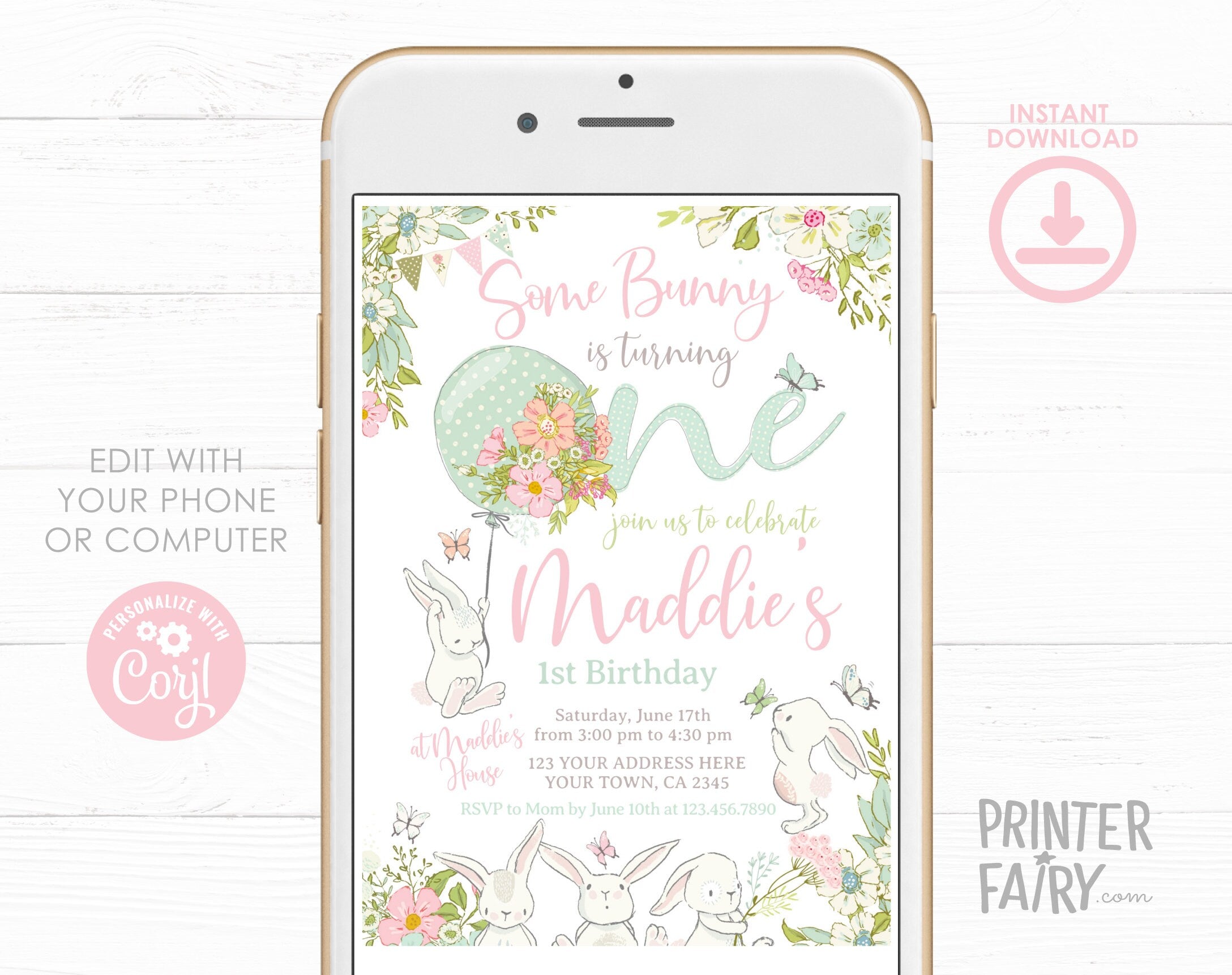 Some Bunny 1st Birthday Invitation, Editable Spring Bunny Party (Digital Download)