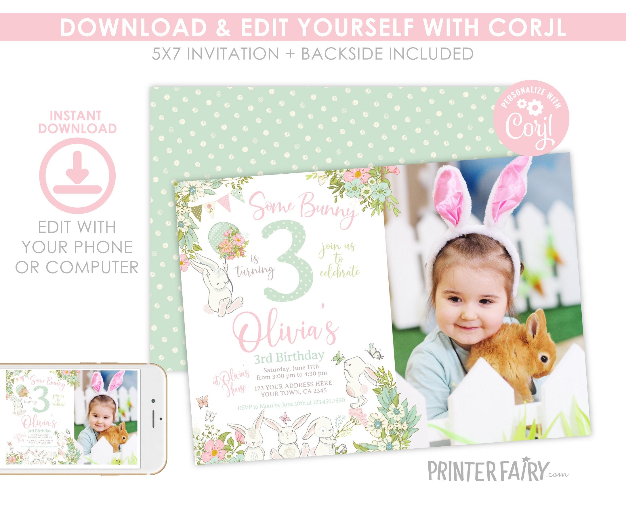 Bunny Editable Invitation with Photo Editable Template for Any Age, INSTANT DOWNLOAD