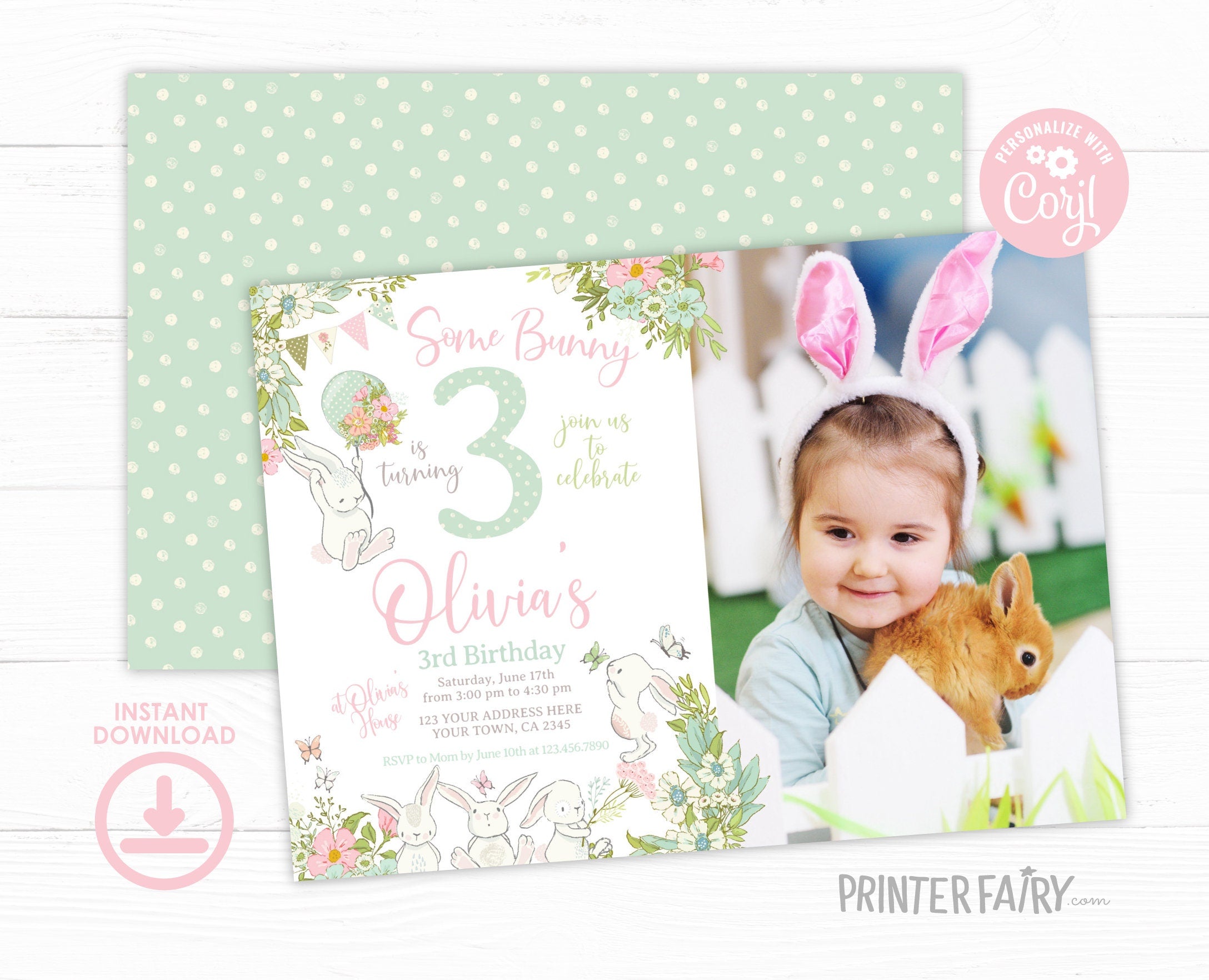 Bunny Editable Invitation with Photo Editable Template for Any Age, INSTANT DOWNLOAD