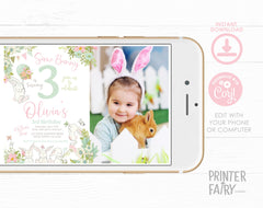 Bunny Editable Invitation with Photo Editable Template for Any Age, INSTANT DOWNLOAD
