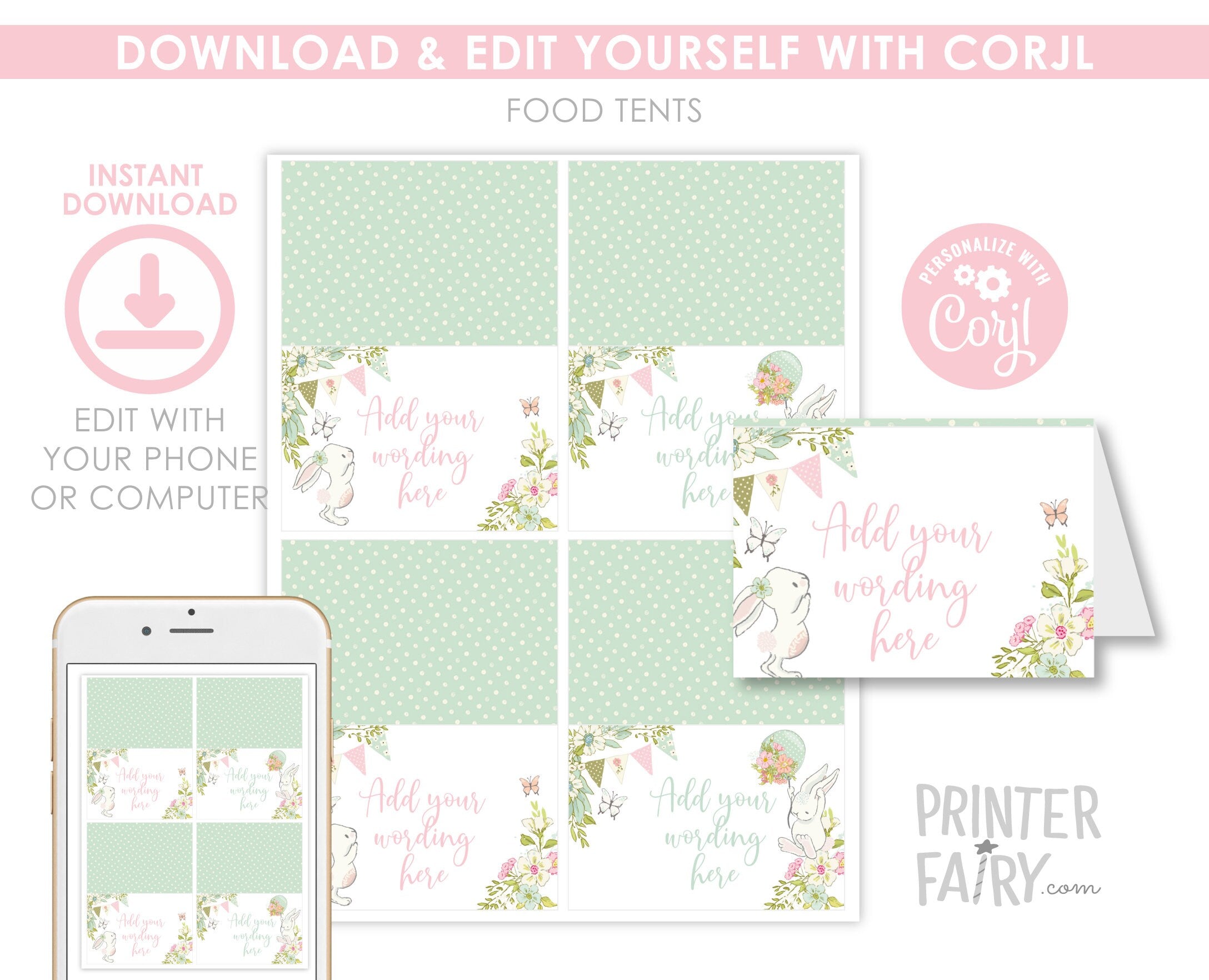 Easter Bunny Food Tent Cards, Spring Party Buffet Labels (Digital Download)