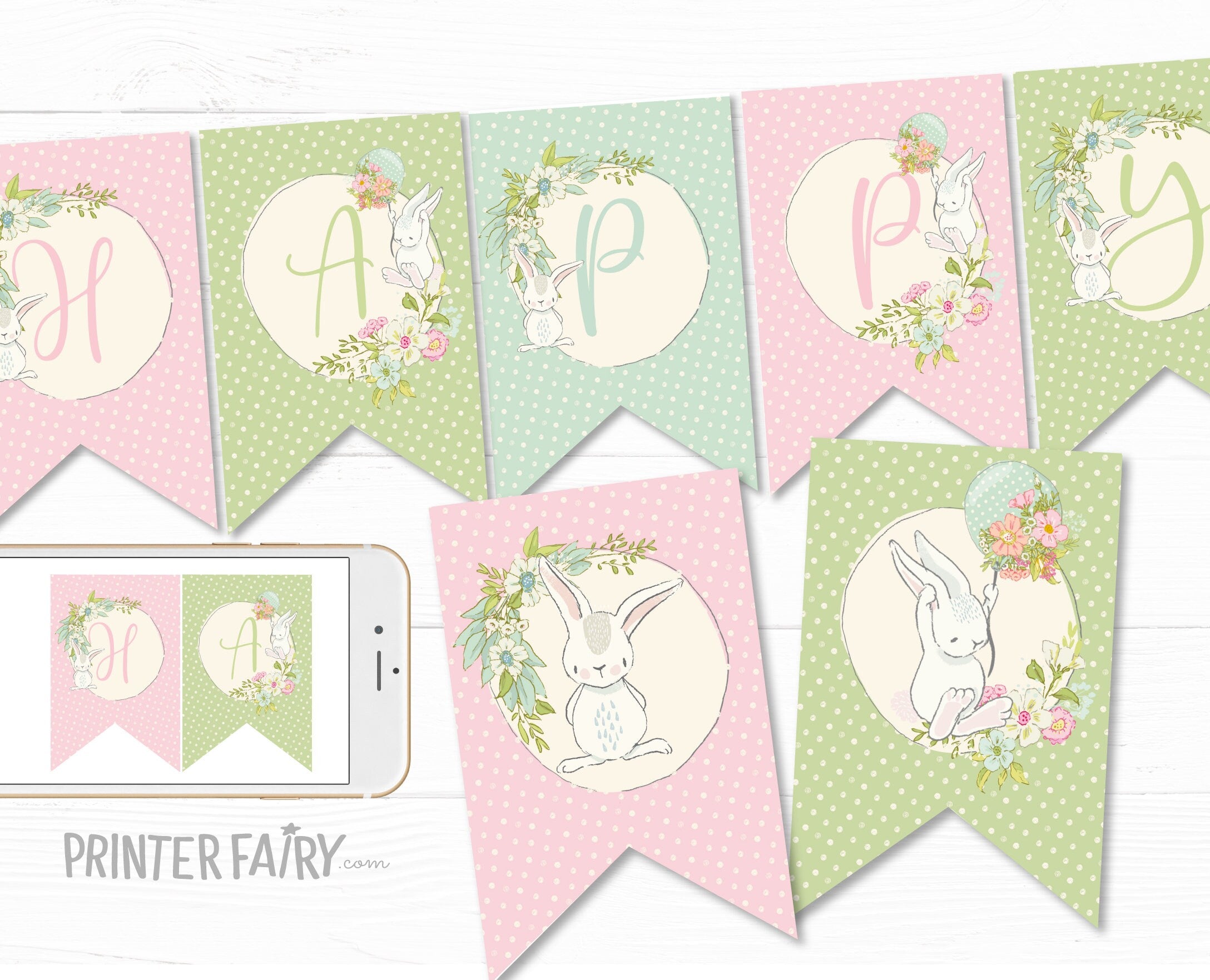 Bunny Editable Bunting Banner Template, Add your Own Text, Printable Party Decorations, INSTANT DOWNLOAD