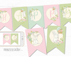 Bunny Editable Bunting Banner Template, Add your Own Text, Printable Party Decorations, INSTANT DOWNLOAD