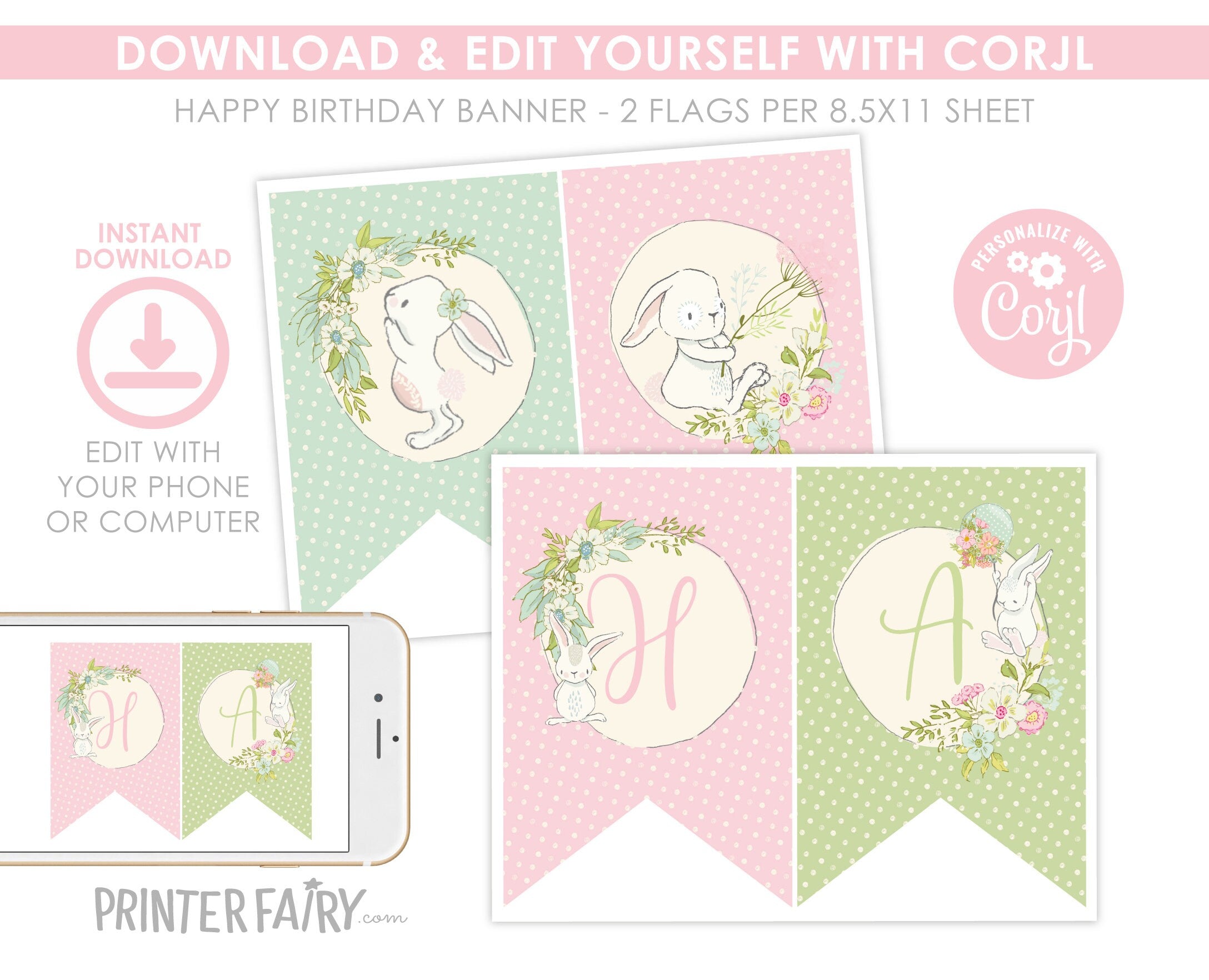 Bunny Editable Bunting Banner Template, Add your Own Text, Printable Party Decorations, INSTANT DOWNLOAD