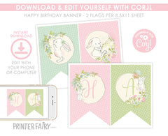 Bunny Editable Bunting Banner Template, Add your Own Text, Printable Party Decorations, INSTANT DOWNLOAD