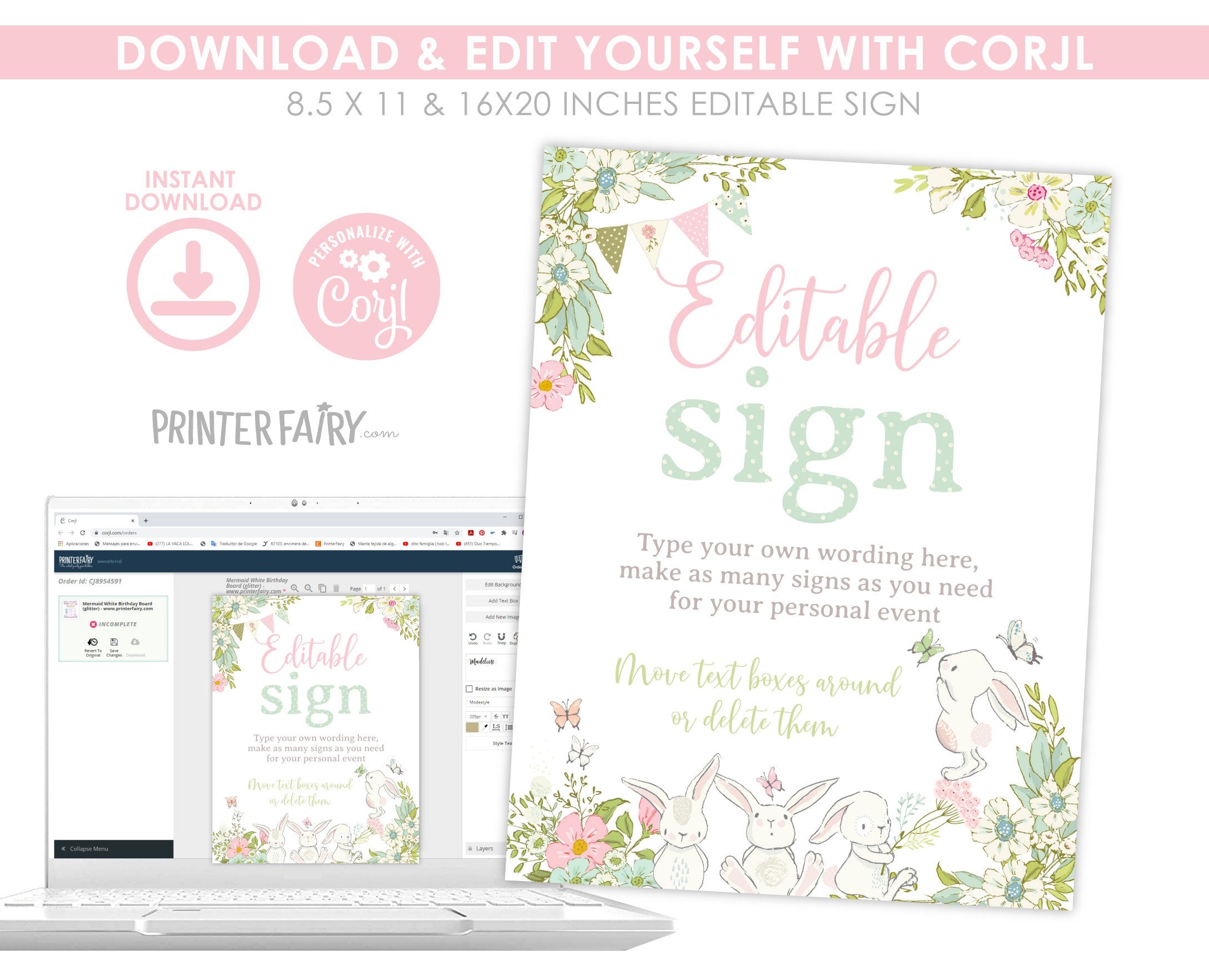 Bunny Sign Editable Template to Add your Own Wording, INSTANT DOWNLOAD