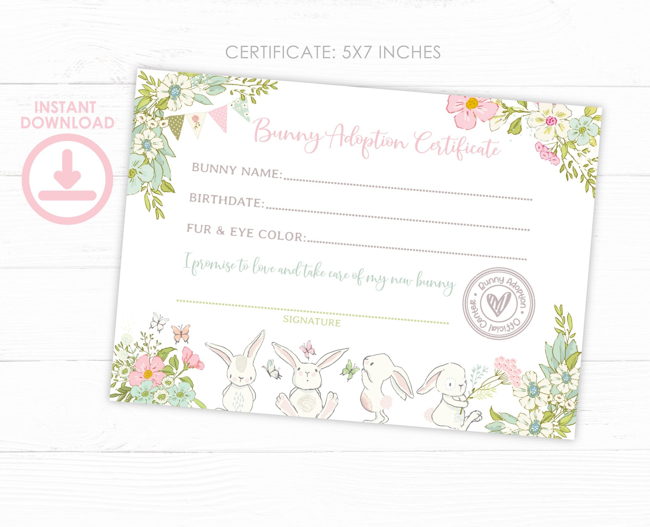 Bunny Adoption Party Sign and Certificate Ready to Print, INSTANT DOWNLOAD
