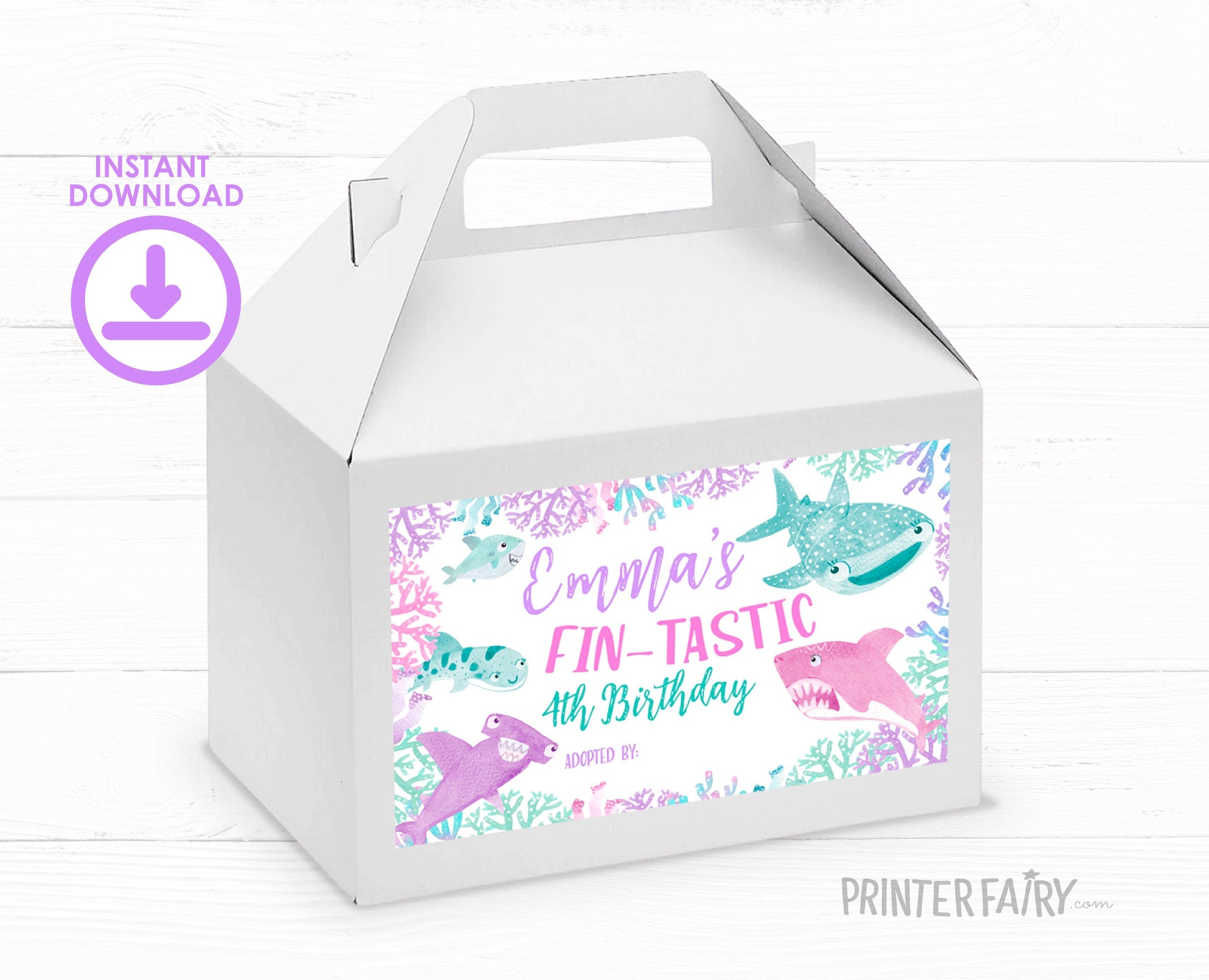 Shark Adoption Party Gable Box Labels, Under the Sea Favors (INSTANT DOWNLOAD)