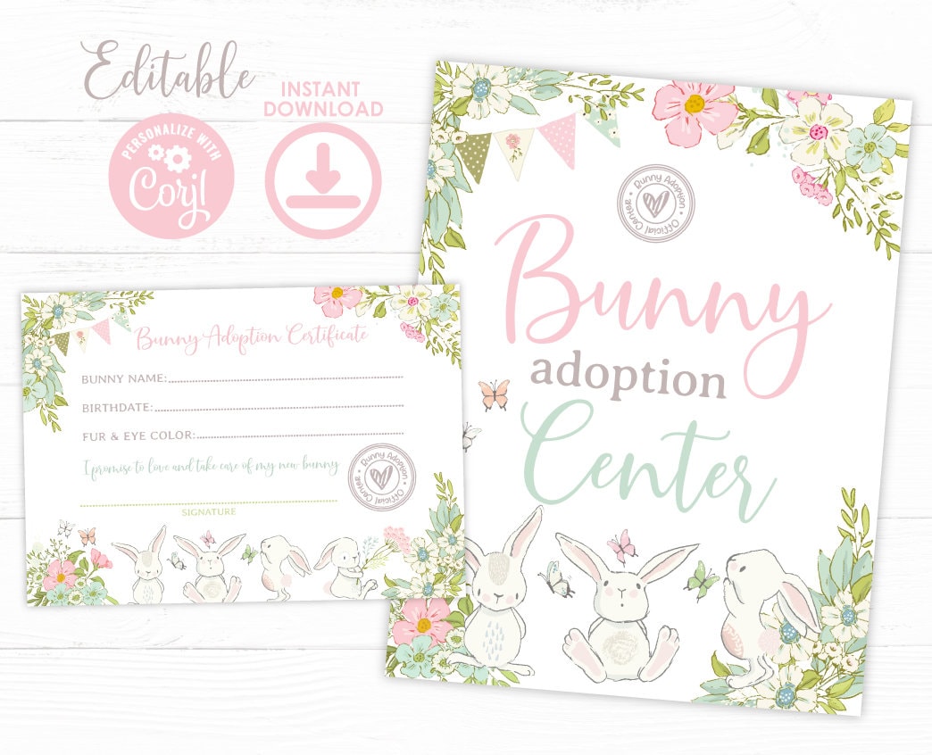 Bunny Adoption Sign and Certificate EDITABLE Templates, Easter Pet Adoption Party Game, INSTANT DOWNLOAD