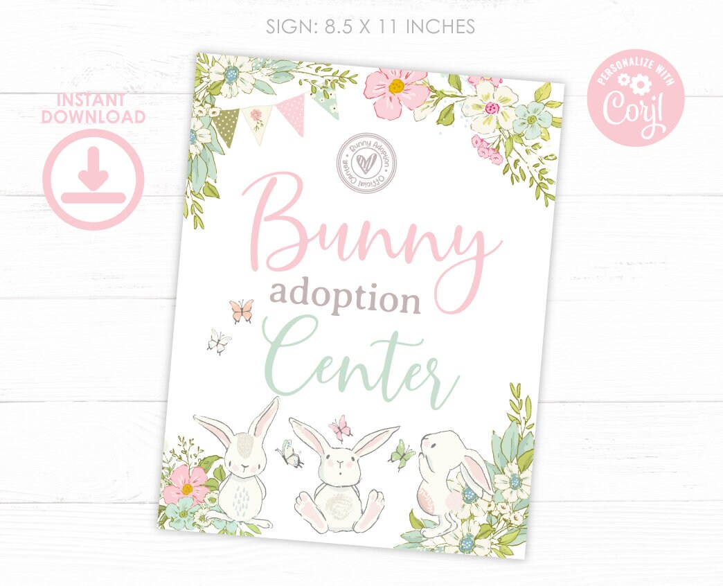 Bunny Adoption Sign and Certificate EDITABLE Templates, Easter Pet Adoption Party Game, INSTANT DOWNLOAD