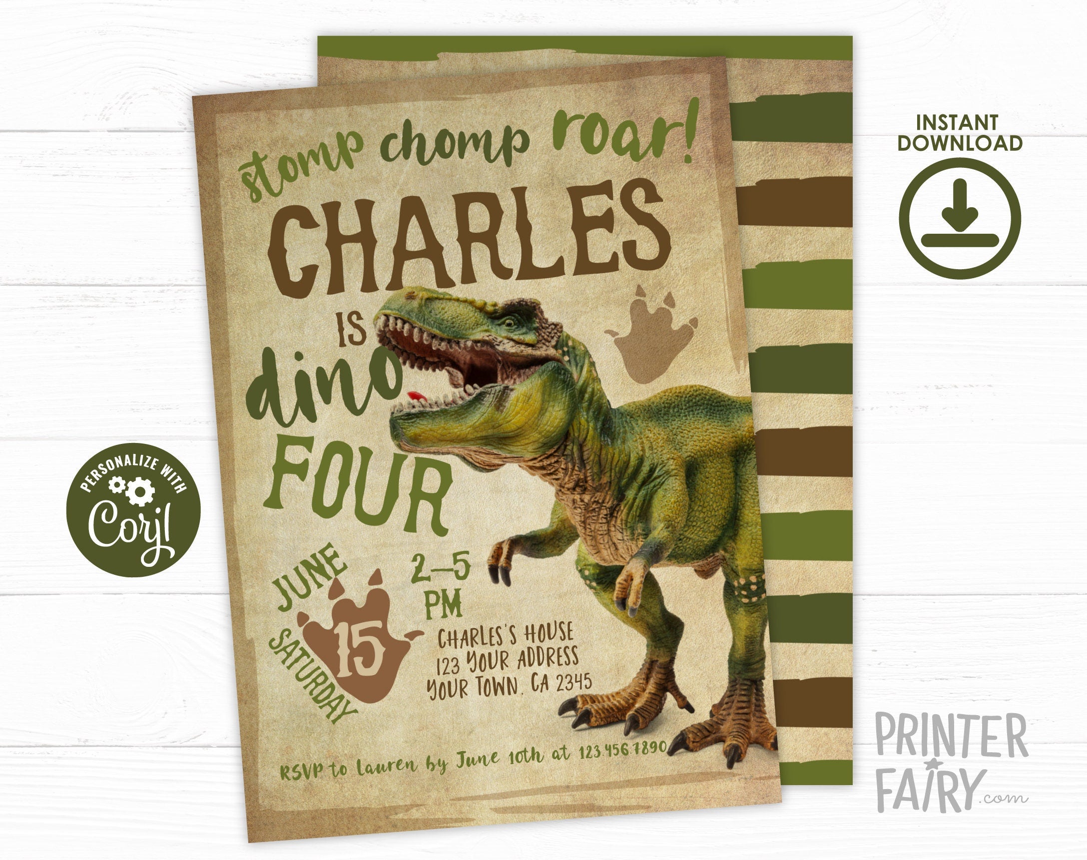Dino Four Birthday Invitation, Editable T-Rex Party (Digital Download)
