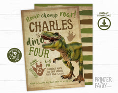 Dino Four Birthday Invitation, Editable T-Rex Party (Digital Download)