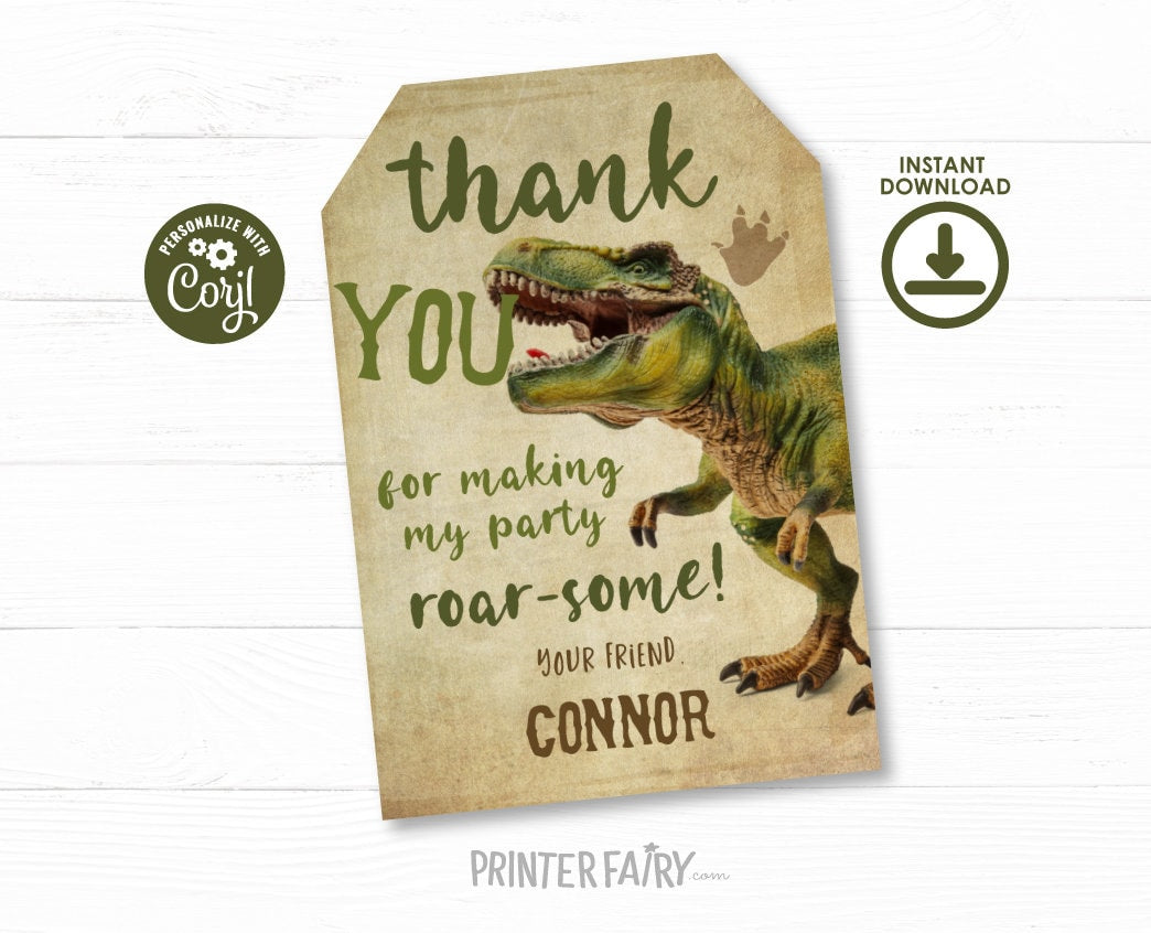 Editable Dinosaur Thank You Tag, Trex Party Favor (Instant Download)