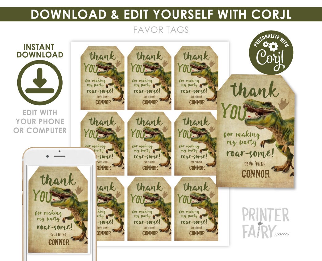 Editable Dinosaur Thank You Tag, Trex Party Favor (Instant Download)