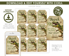 Editable Dinosaur Thank You Tag, Trex Party Favor (Instant Download)