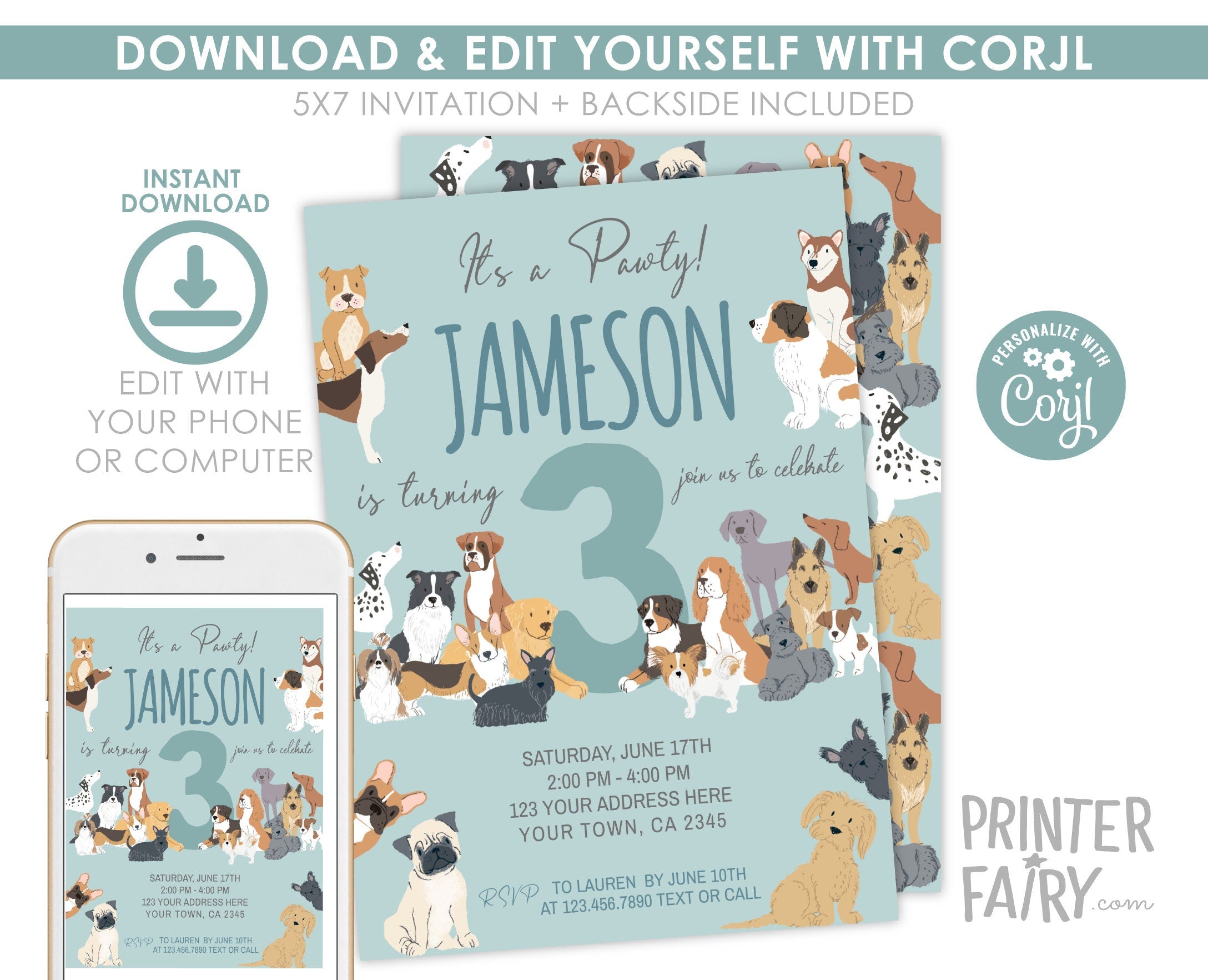 Puppies Birthday Invitation, Pet Pawty Invite (INSTANT DOWNLOAD)