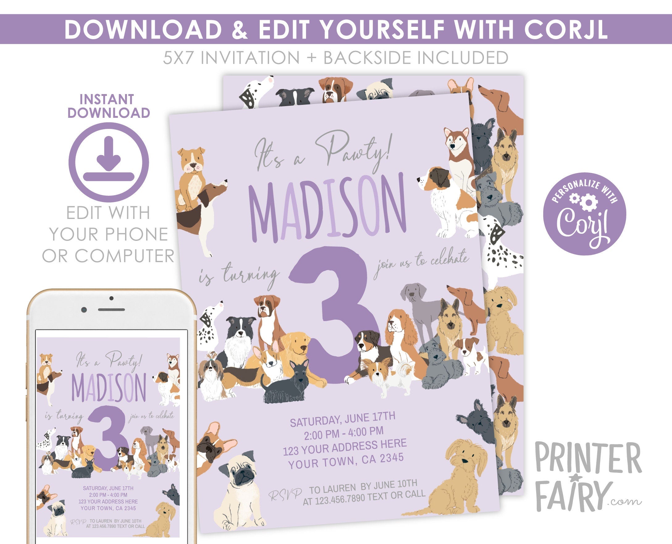Puppy Birthday Invitation, Pet Adoption Party (Instant Download)