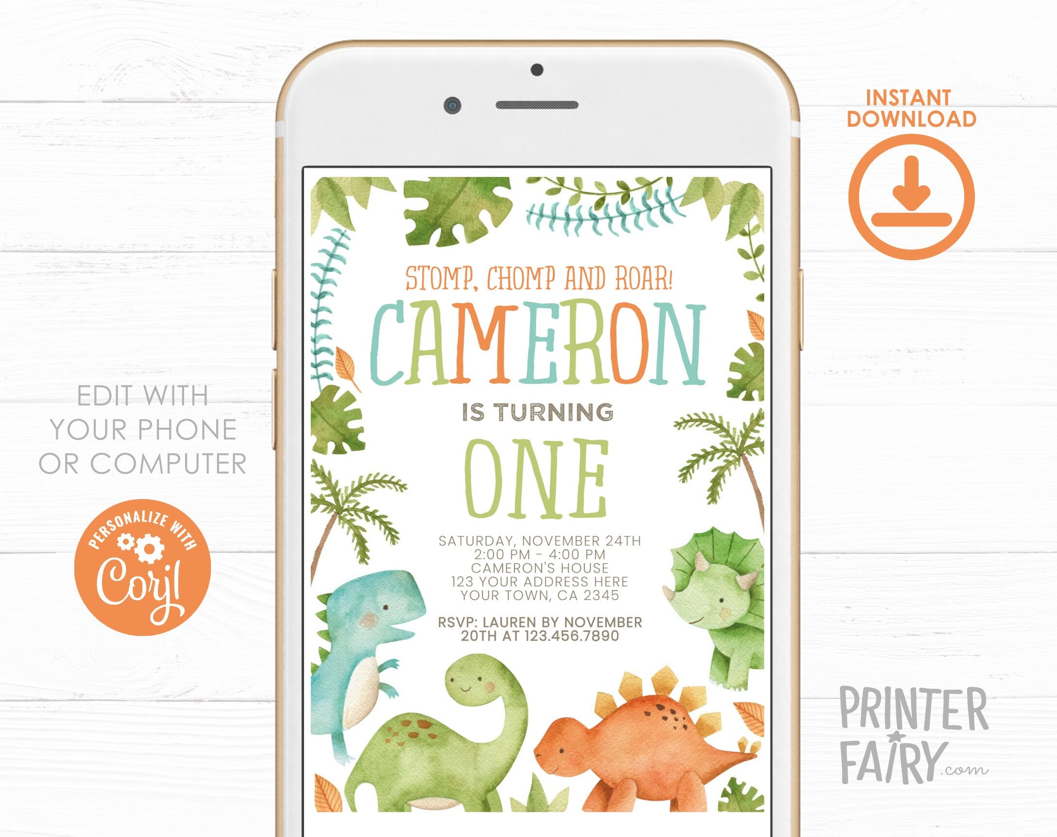 Editable Dinosaur Birthday Invitation, Watercolor Dinosaurs (Digital Download)