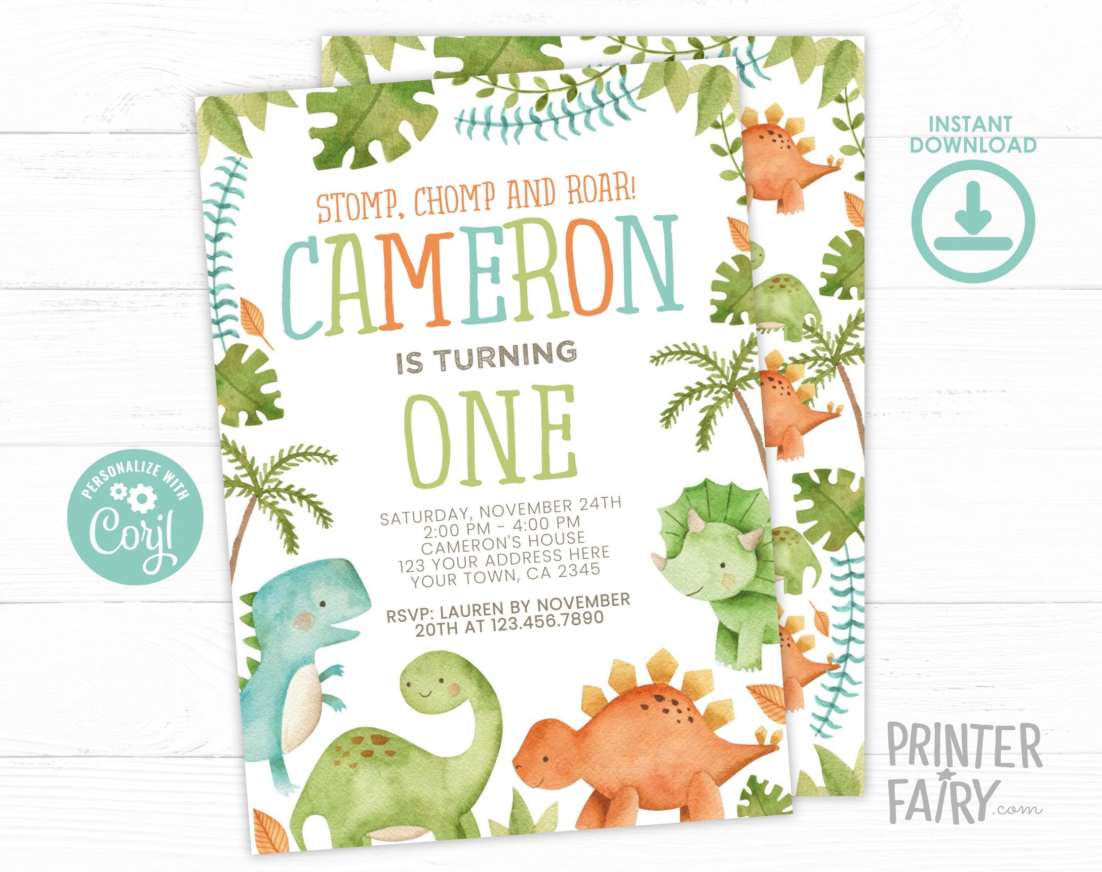 Editable Dinosaur Birthday Invitation, Watercolor Dinosaurs (Digital Download)