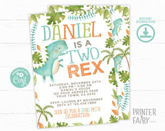 Two Rex Dinosaur Birthday Invitation, Editable Digital Invite (Digital Download)