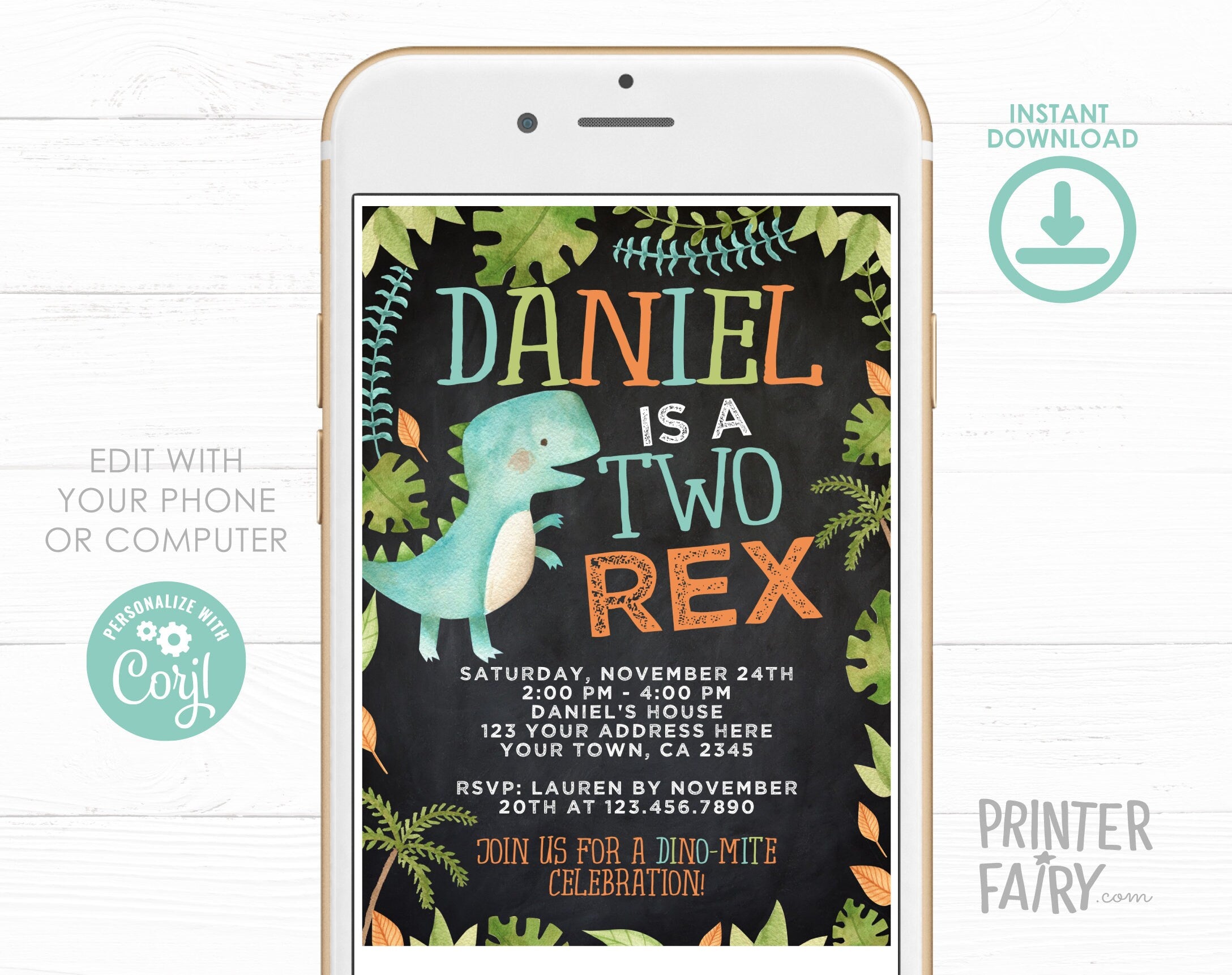 Two Rex Invitation EDITABLE Template for Any Age, Dinosaur Birthday Party, Instant Download