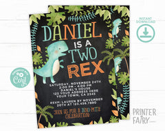 Two Rex Invitation EDITABLE Template for Any Age, Dinosaur Birthday Party, Instant Download