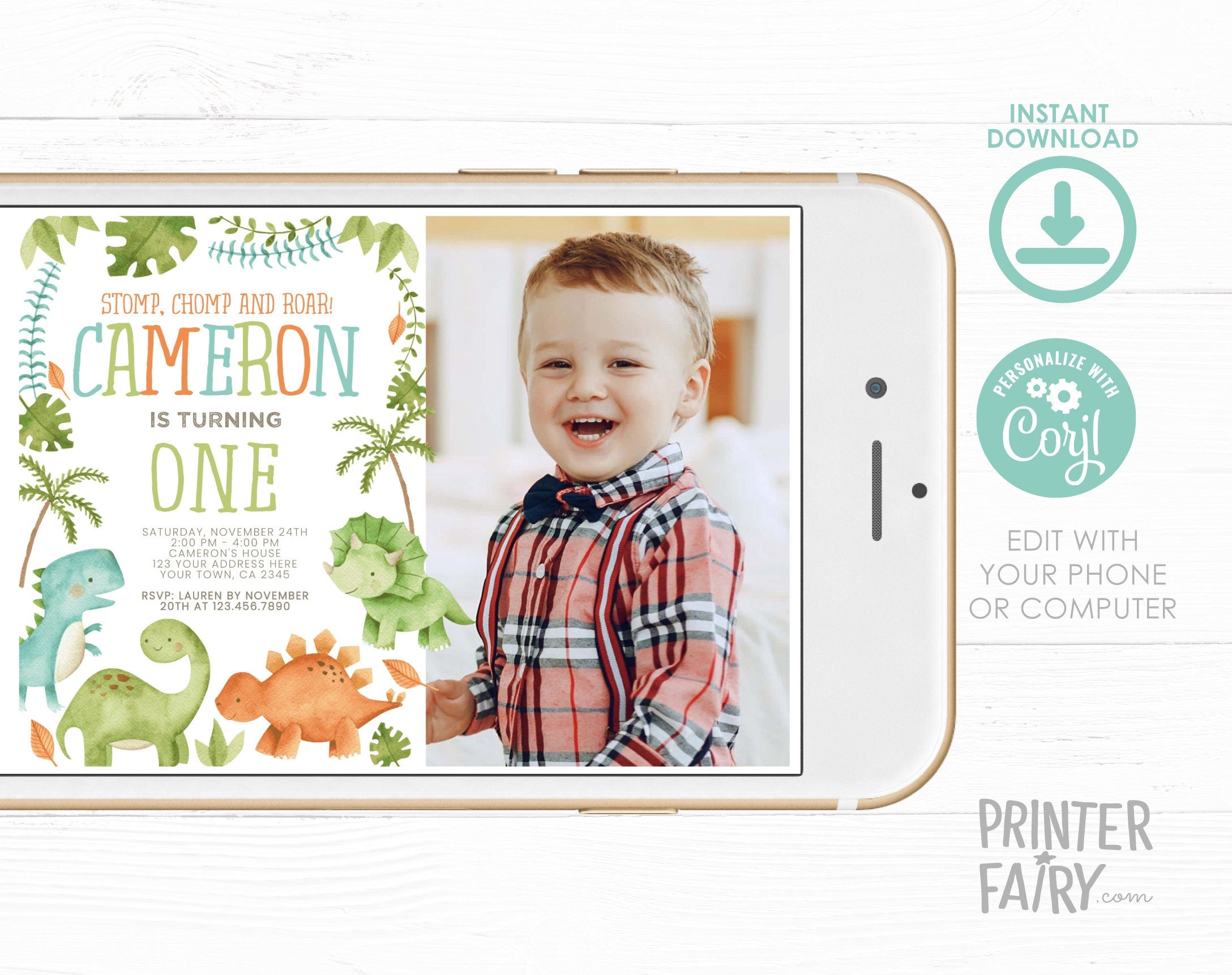 Editable Dinosaur Birthday Invitation with Photo (Digital Download)