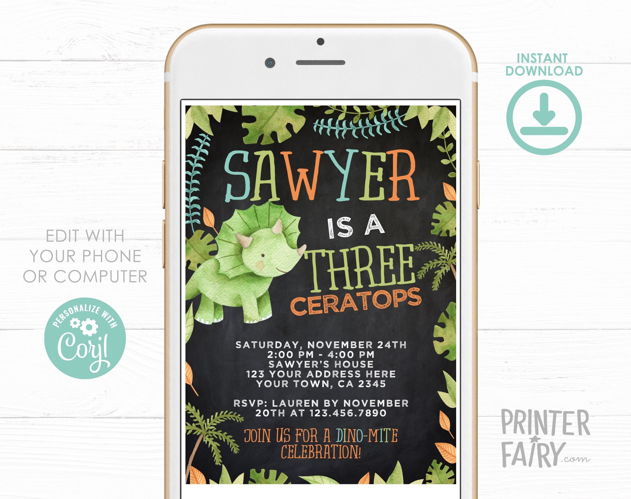 ThreeCeratops Birthday Invitation, Dinosaur Party (EDITABLE Digital Invite)