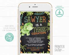 ThreeCeratops Birthday Invitation, Dinosaur Party (EDITABLE Digital Invite)