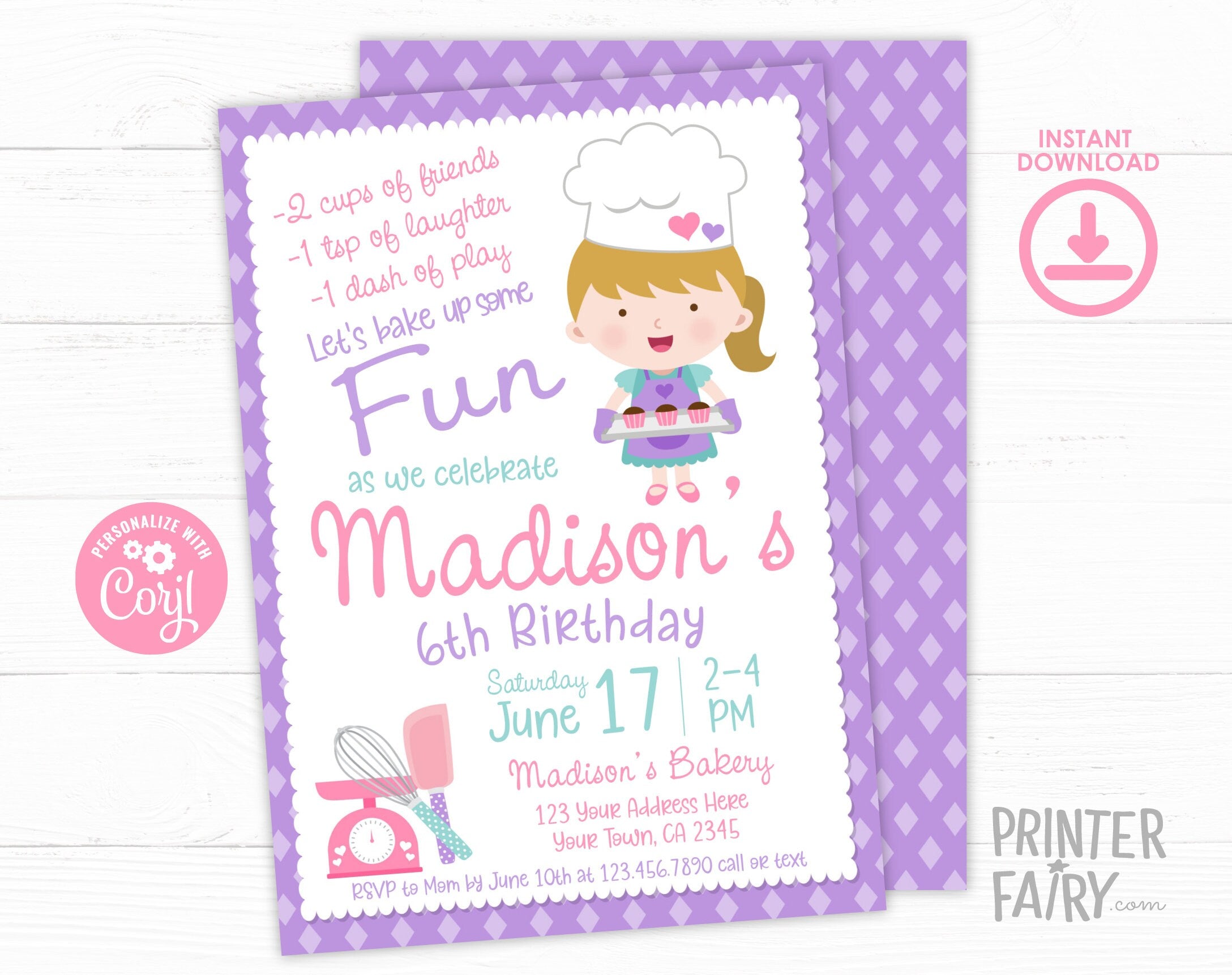 Editable Baking Birthday Invitation, Bakery Theme (Instant Download)
