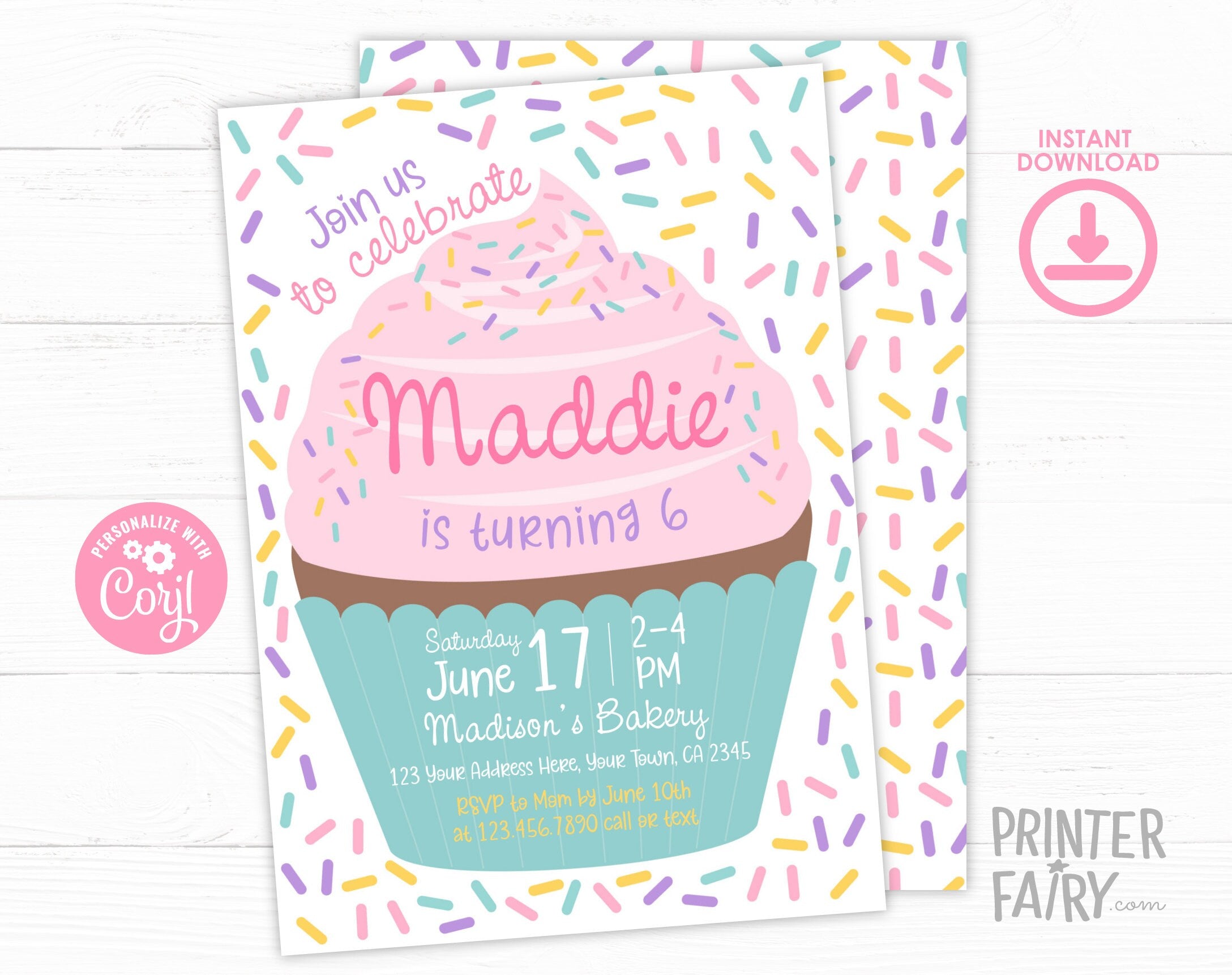 Editable Cupcake Birthday Invitation Template, Sprinkle Design (Instant Download)