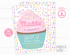 Editable Cupcake Birthday Invitation Template, Sprinkle Design (Instant Download)