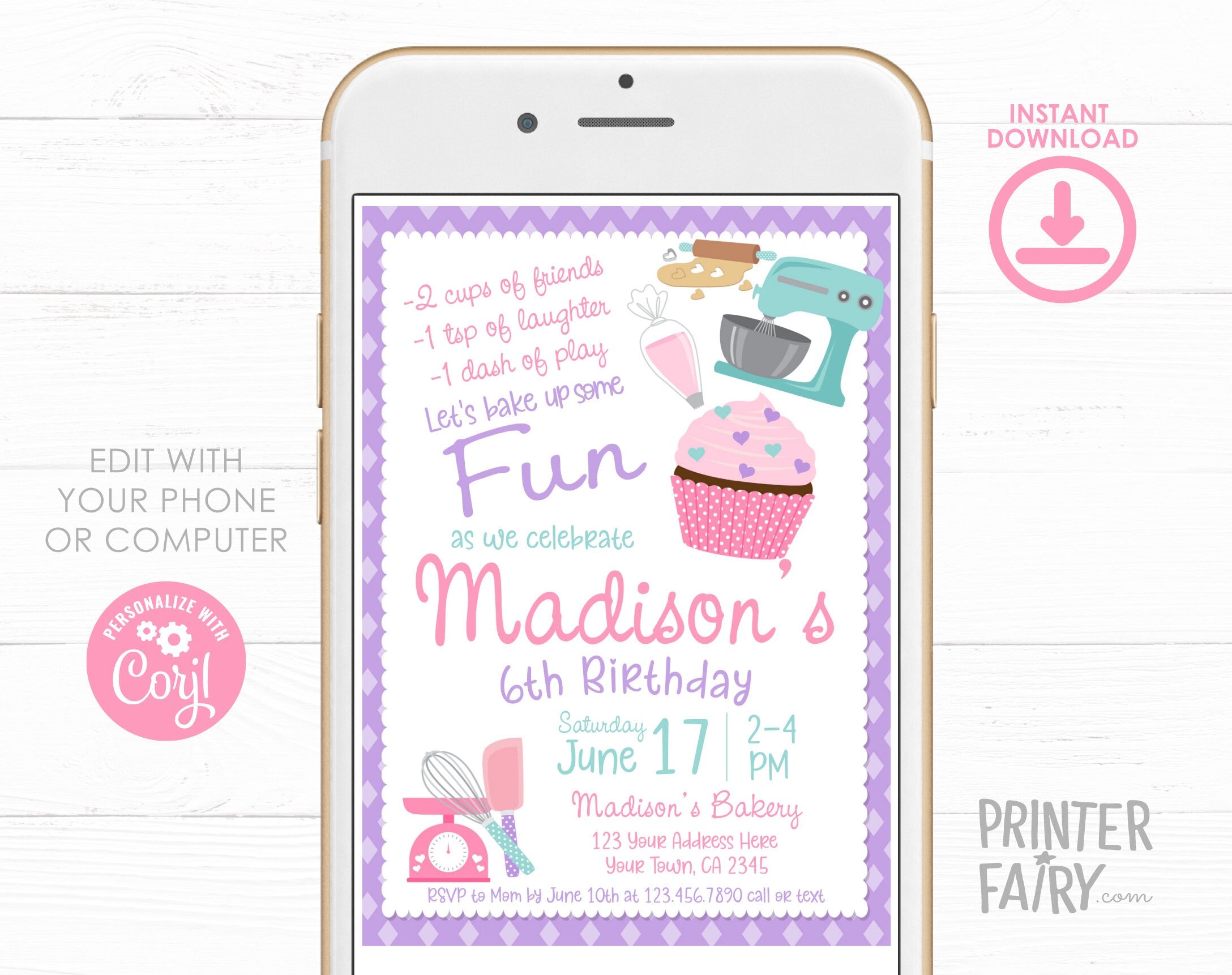 Editable Baking Birthday Invitation, Bakery Party (Instant Download)