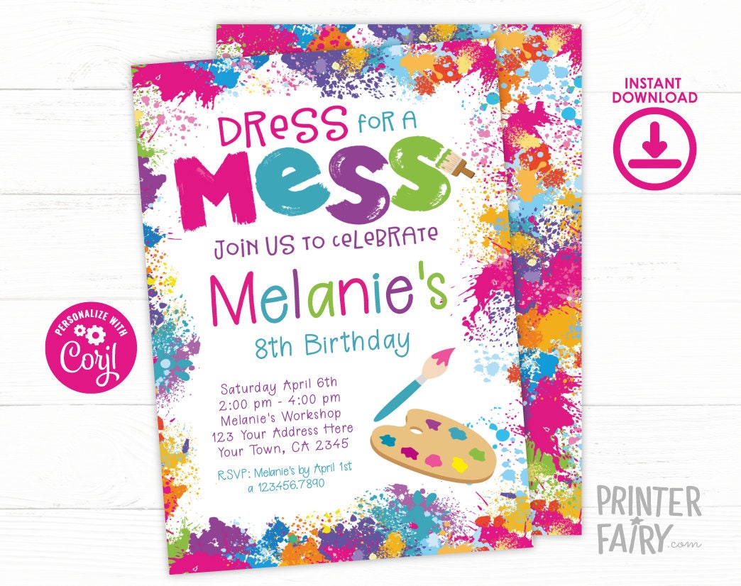Art Birthday Invitation, Colorful Paint Party (Digital Invite)