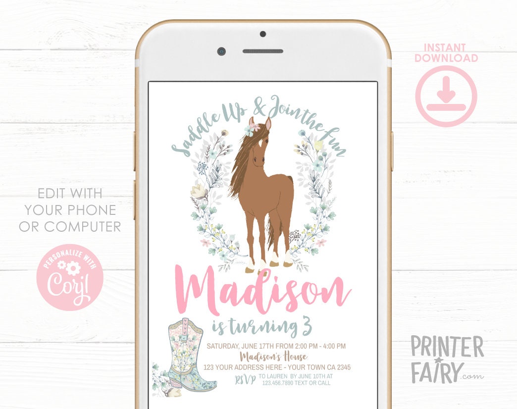 Floral Horse Birthday Invitation, Cowgirl Pony Party (INSTANT DOWNLOAD)