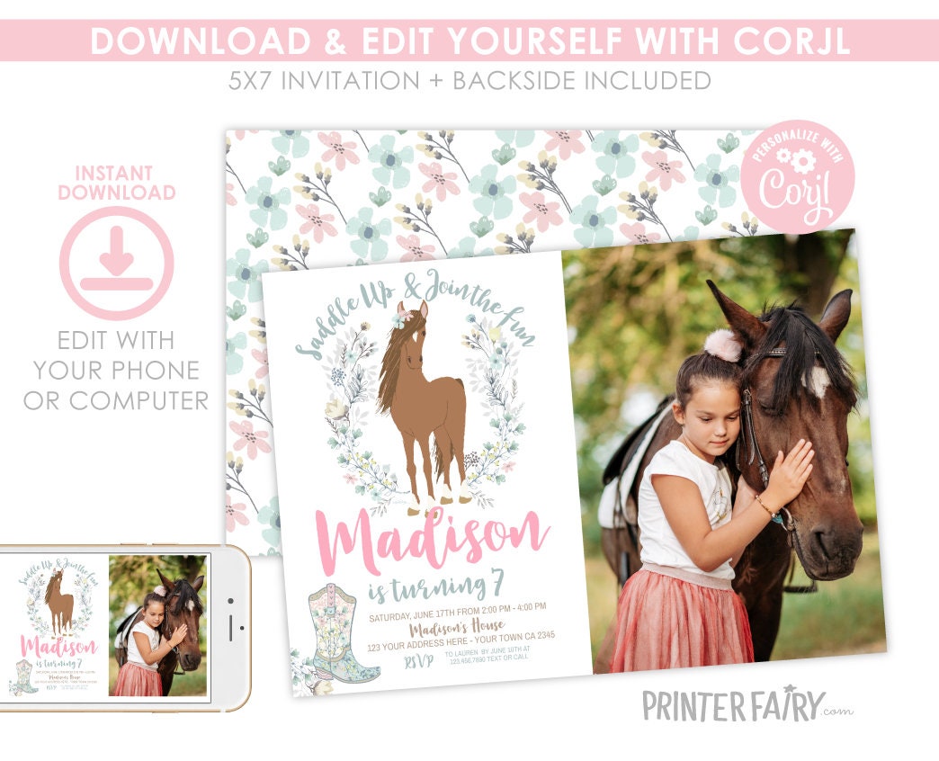 Floral Horse Birthday Invitation with Photo (Instant Download)