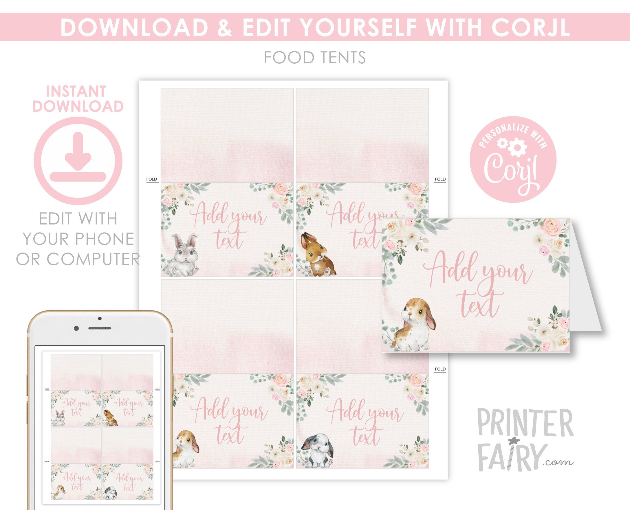 Bunny Party Buffet Food Tents Editable Template (Instant Download)