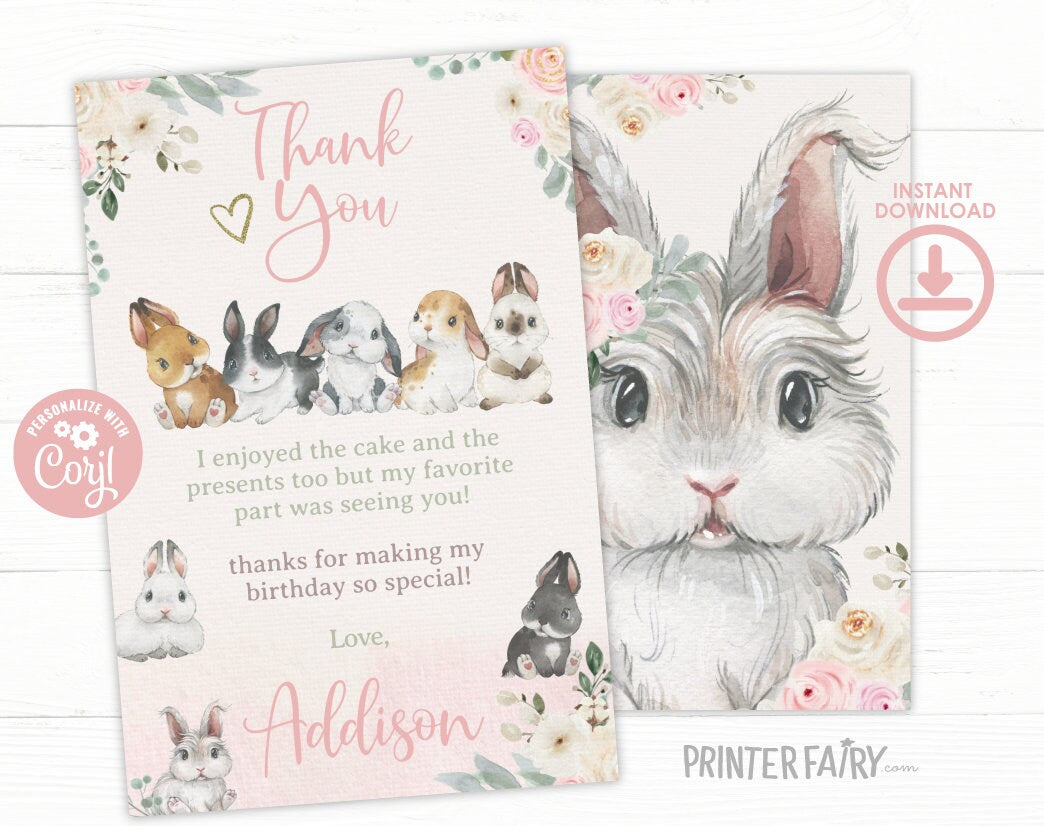 Bunny Thank You Card, Floral Watercolor Design, Editable Template (Digital Download)